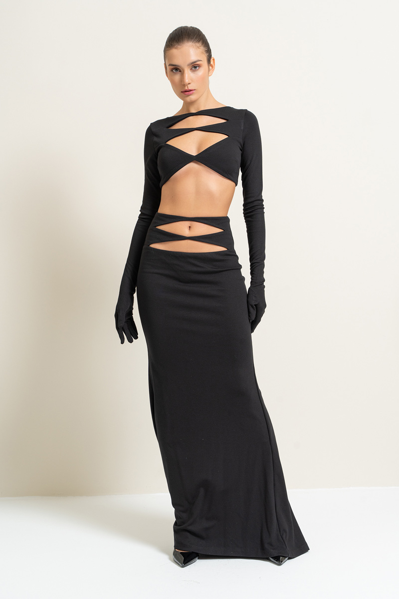 Toptan Siyah Dekolte Detaylı Eldivenli Elbise