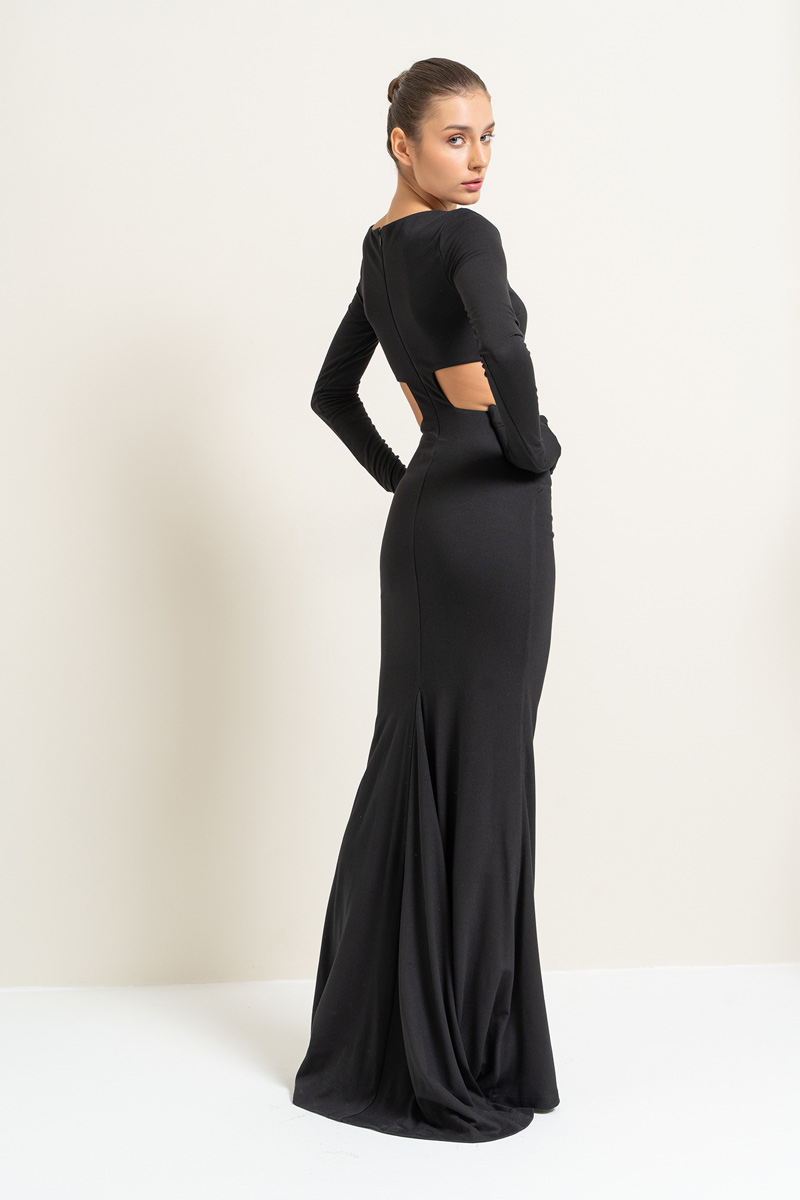Siyah Dekolte Detaylı Eldivenli Elbise