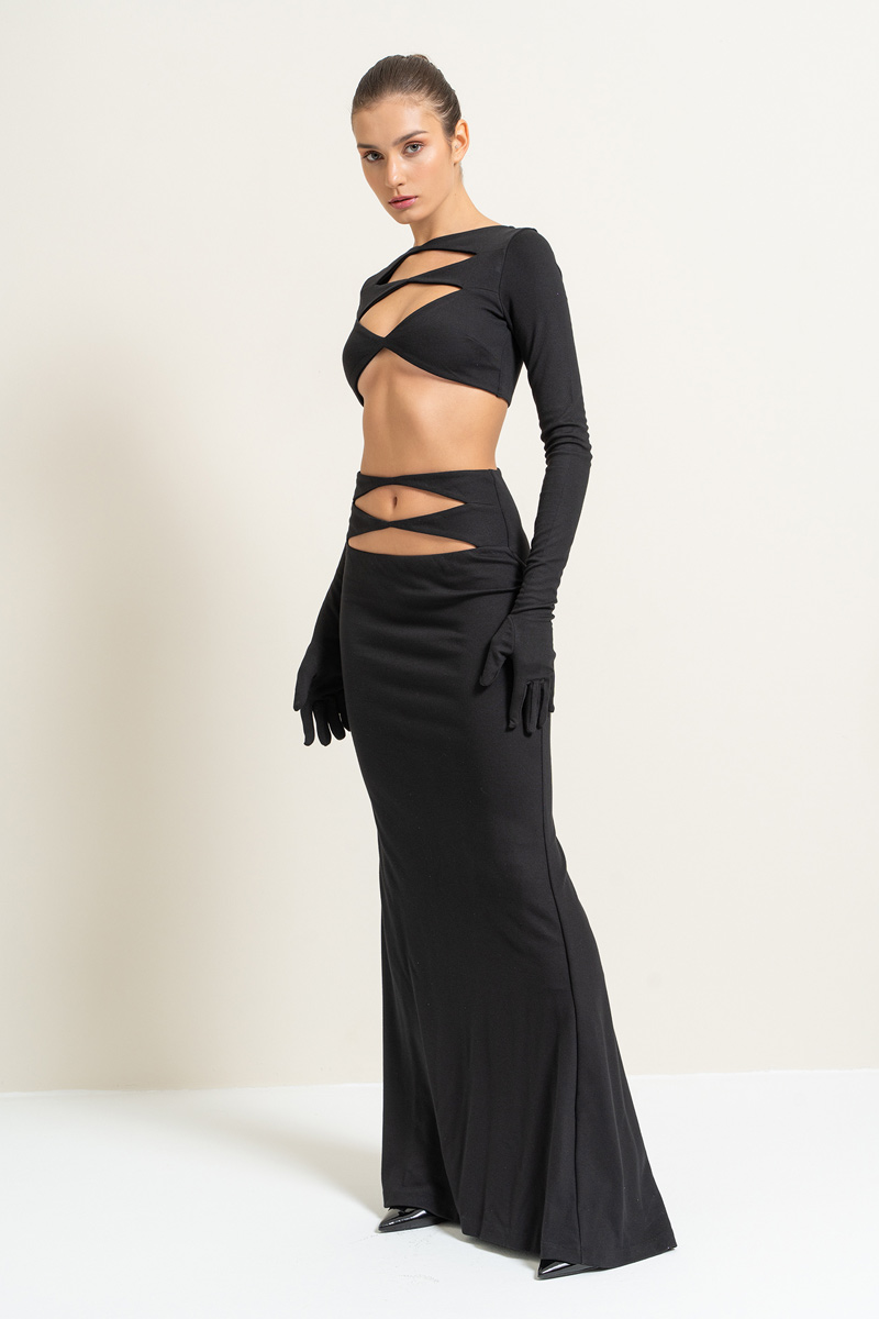 Toptan Siyah Dekolte Detaylı Eldivenli Elbise