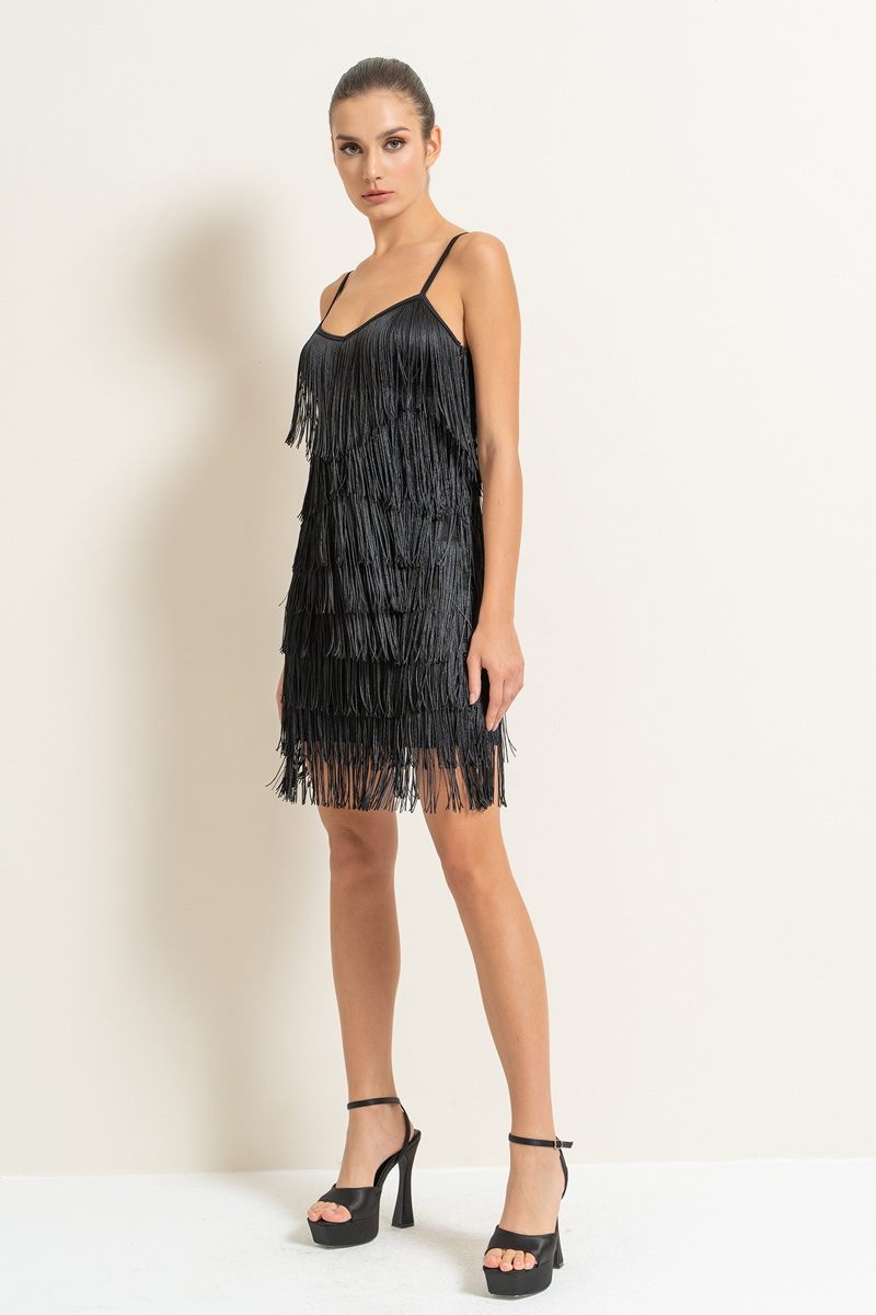 Black Fringe Cami Mini Dress