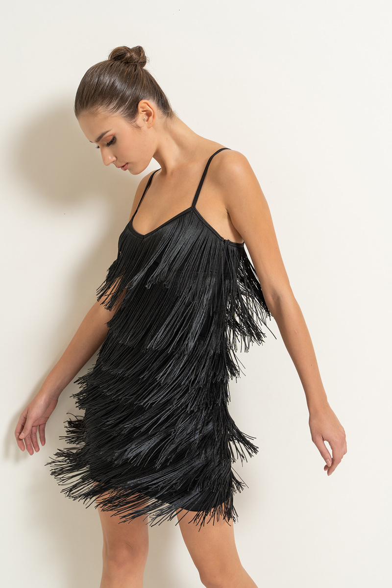 Black Fringe Cami Mini Dress