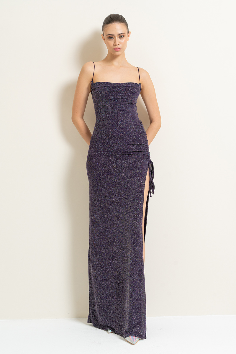 Wholesale Glittery Dark Purple Side Split Maxi Dress