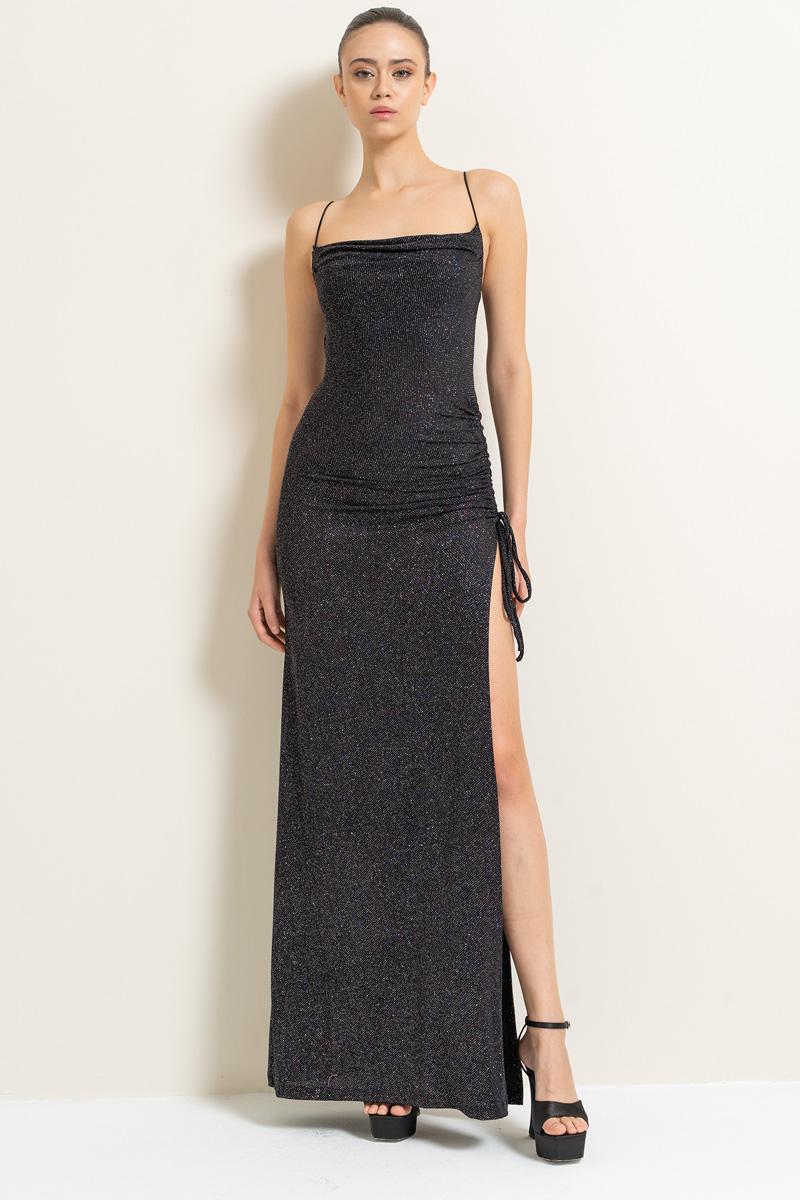 Wholesale Glittery Black-Silver Side Split Maxi Dress