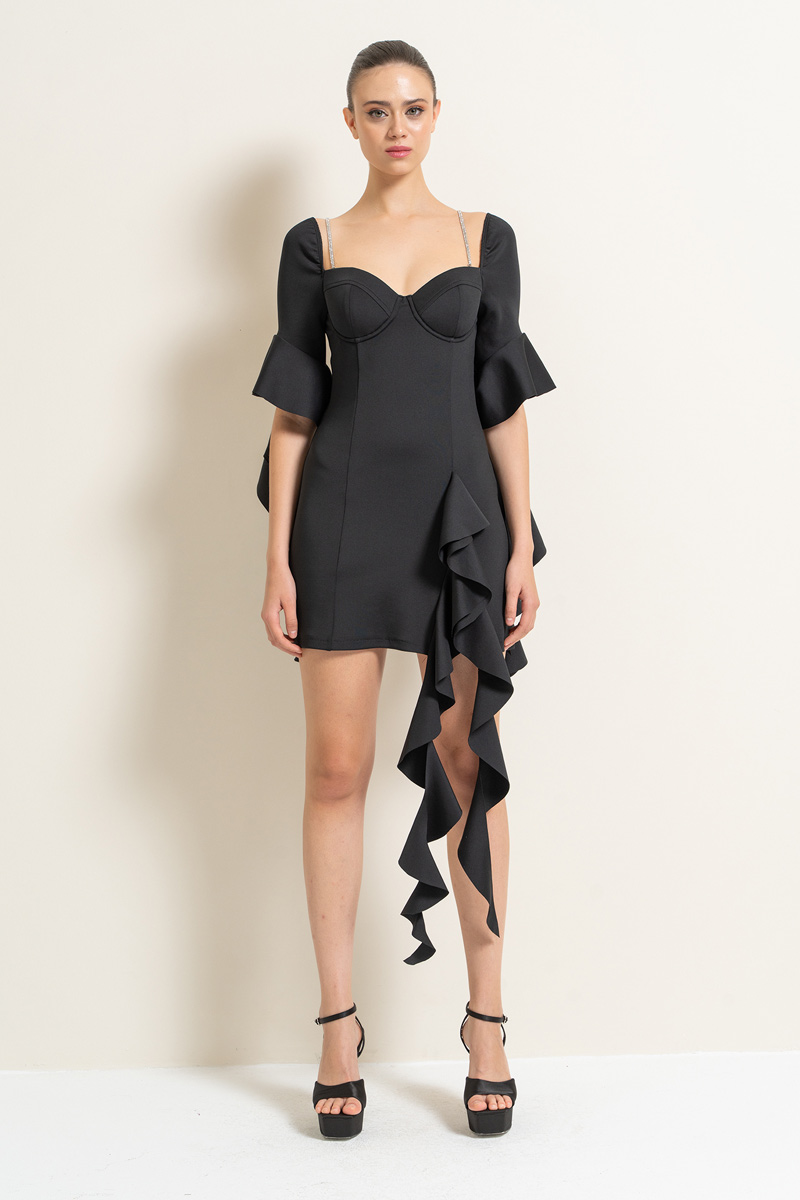 Wholesale Black Ruffle-Trim Mini Dress with Embellished Straps