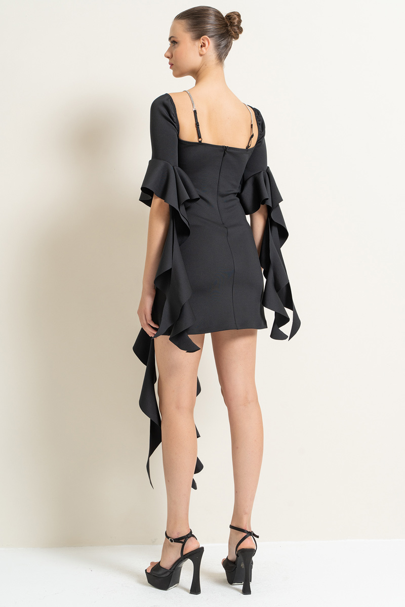 Wholesale Black Ruffle-Trim Mini Dress with Embellished Straps