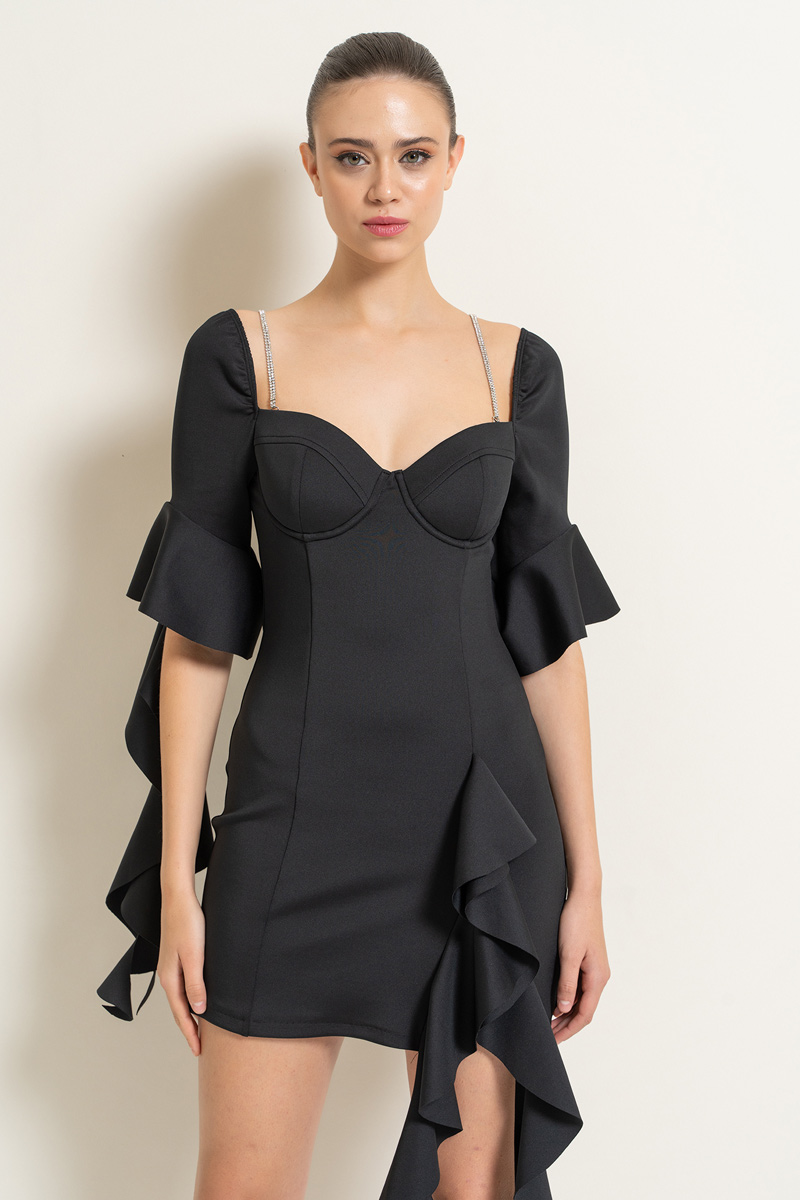 Black Ruffle-Trim Mini Dress with Embellished Straps