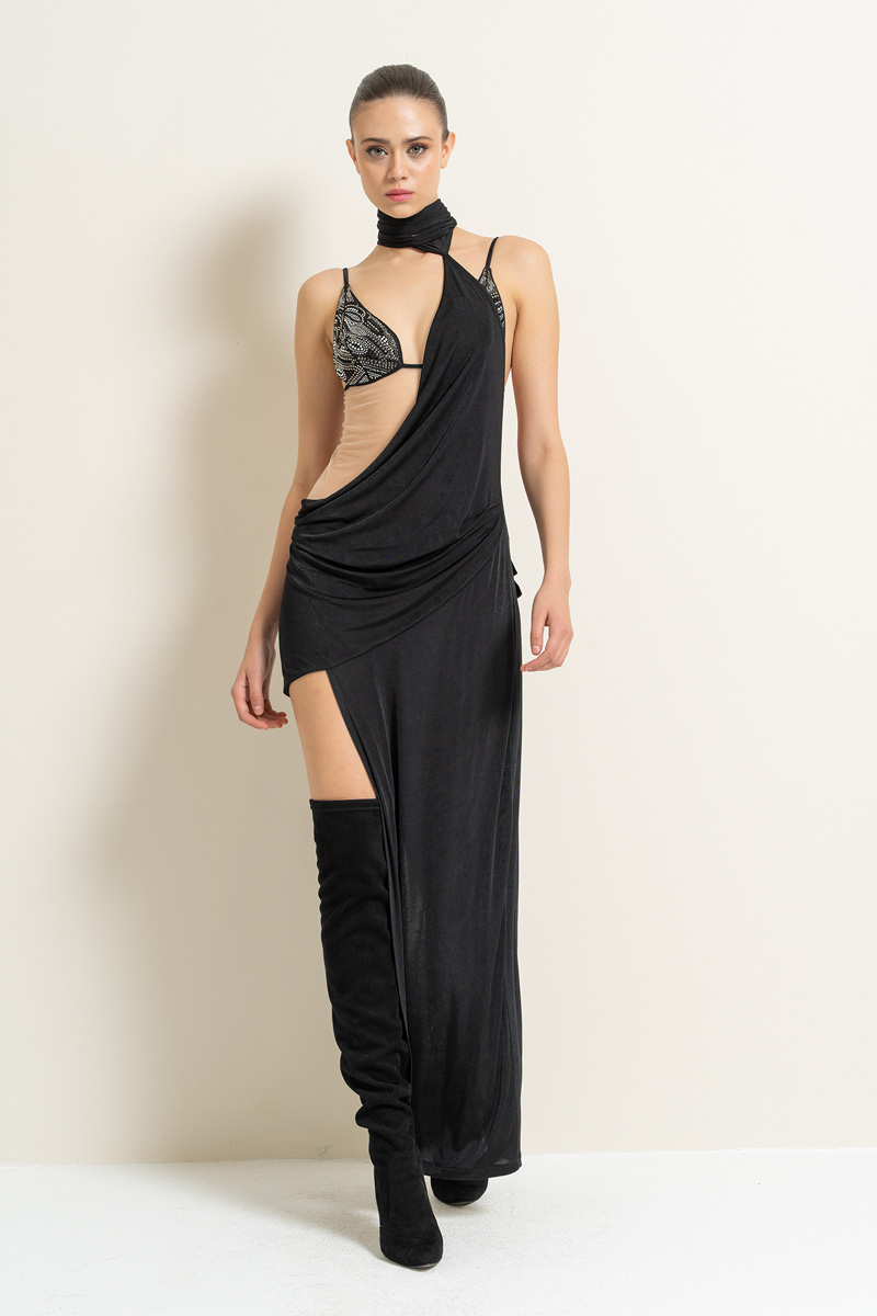 Black Maxi Dress with Embellished Bodysuit