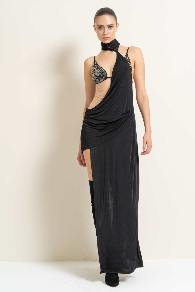 Black Maxi Dress with Embellished Bodysuit