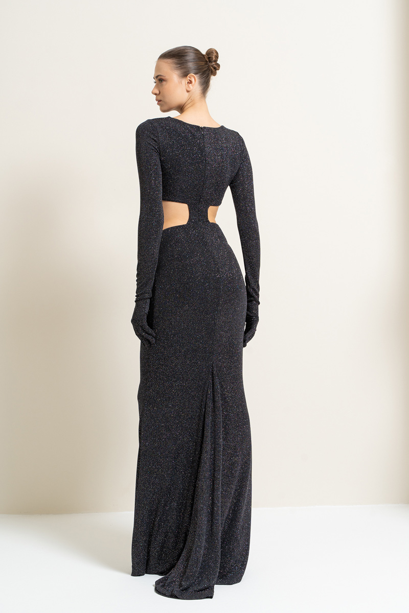 Black-Silver Ladder Cut Out Maxi Dress with Gloves