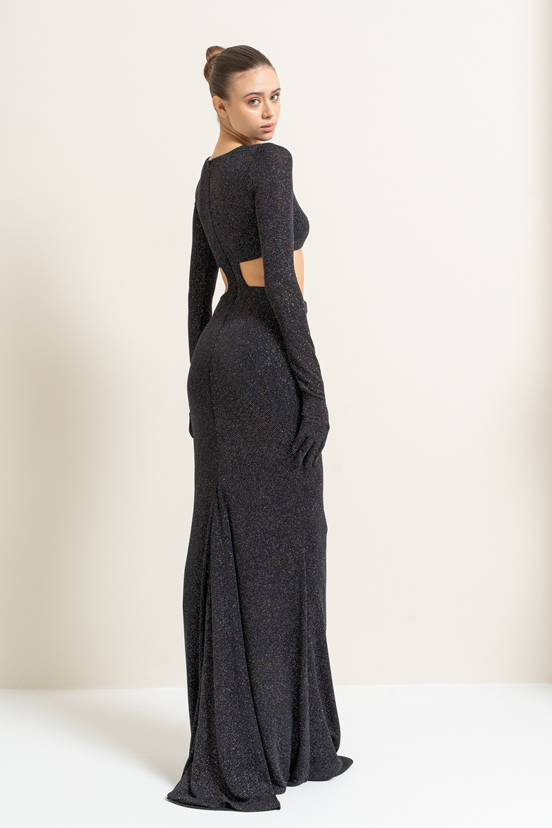 Black-Silver Ladder Cut Out Maxi Dress with Gloves