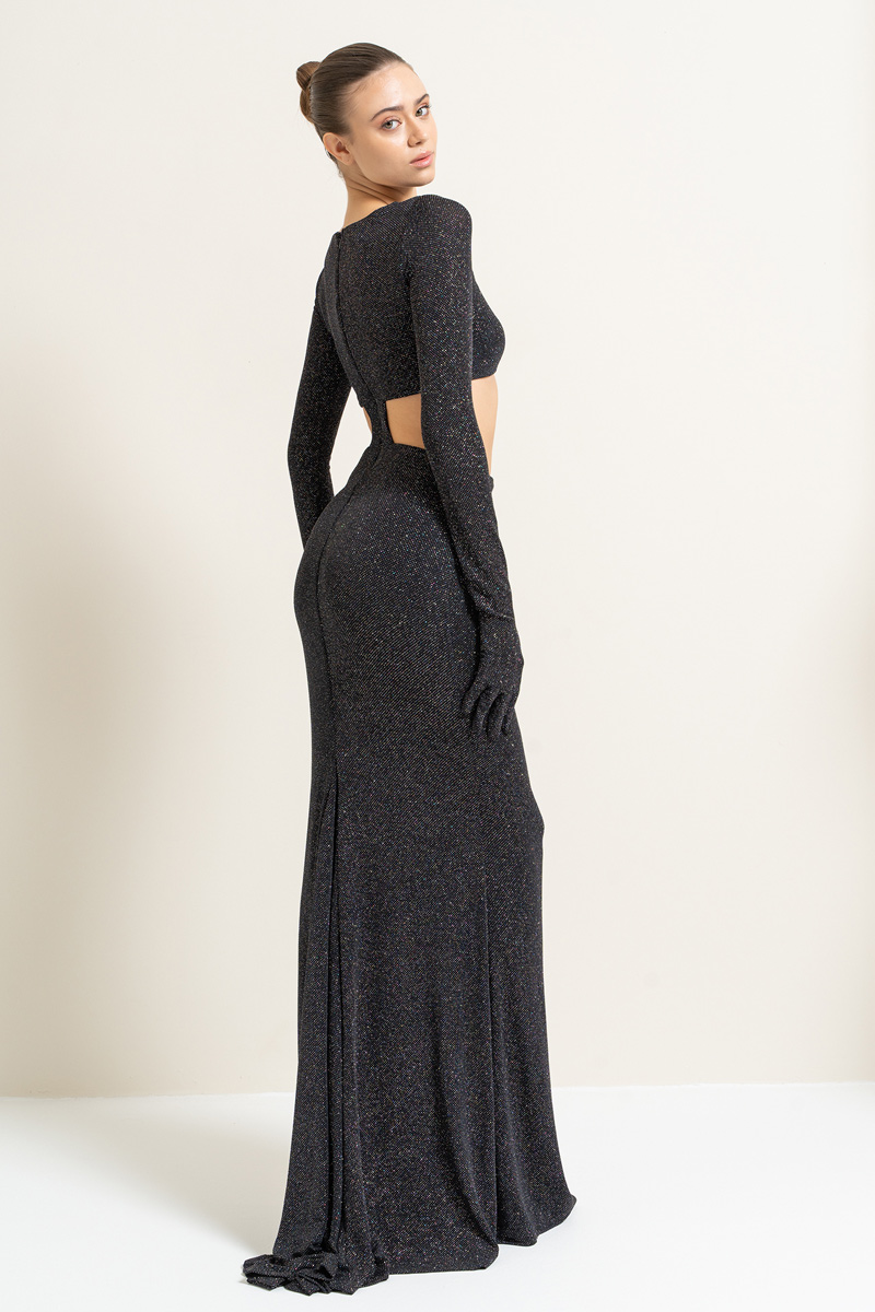 Black-Silver Ladder Cut Out Maxi Dress with Gloves