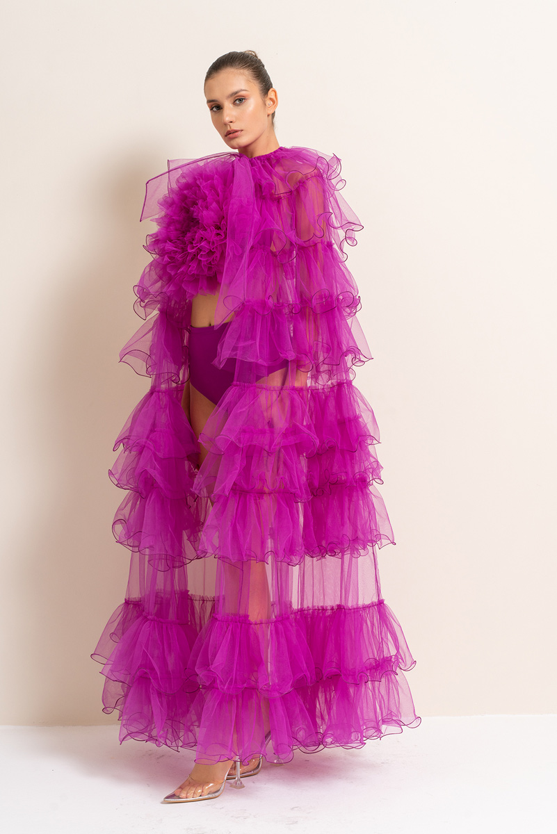 Wholesale Magenta Tiered-Ruffle Tulle Cape