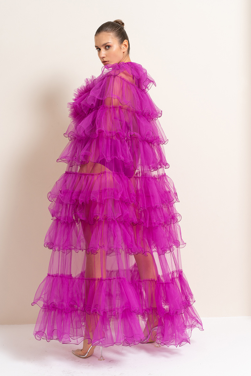 Wholesale Magenta Tiered-Ruffle Tulle Cape