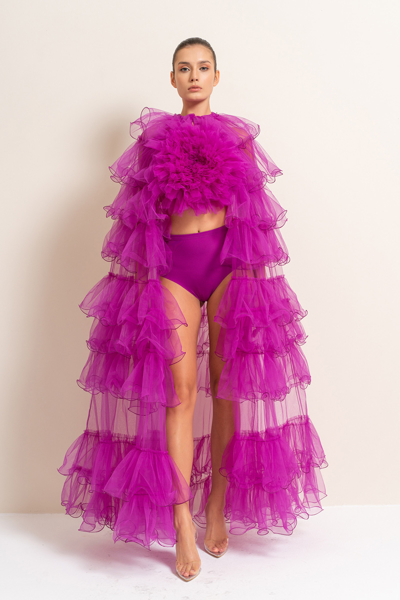 Magenta Tiered-Ruffle Tulle Cape
