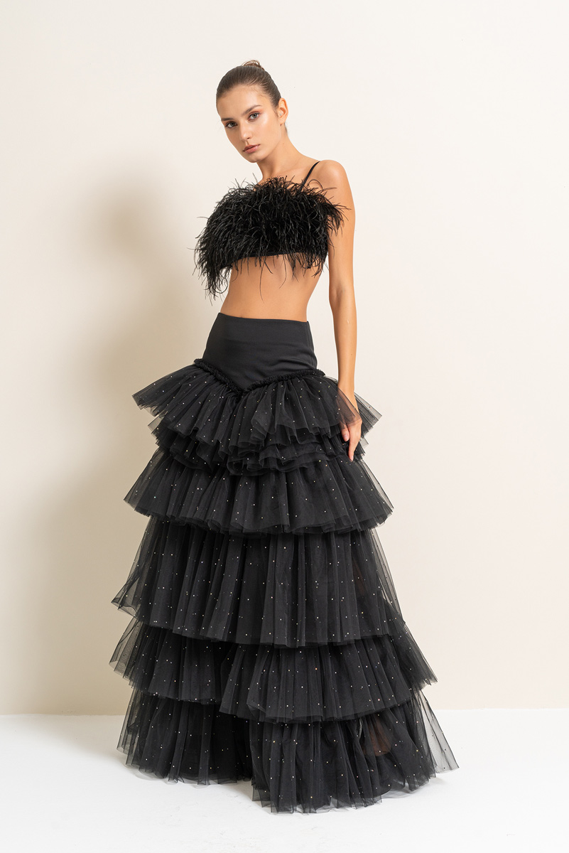 Black Embellished Tiered-Ruffle Maxi Mesh Skirt