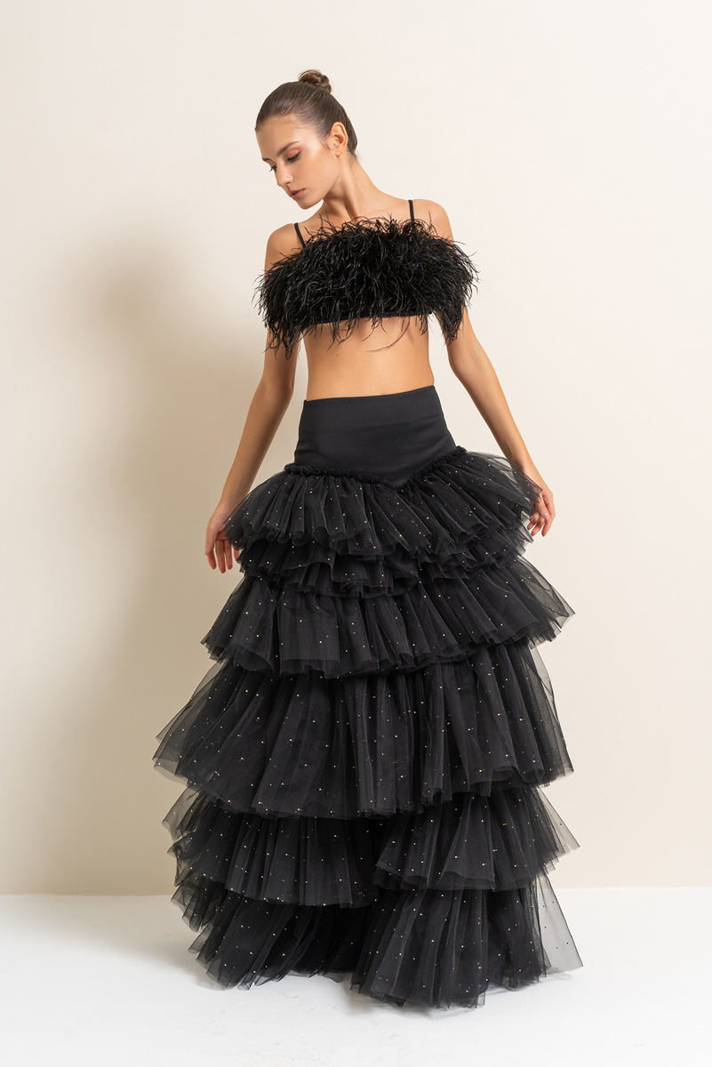 Black Embellished Tiered-Ruffle Maxi Mesh Skirt