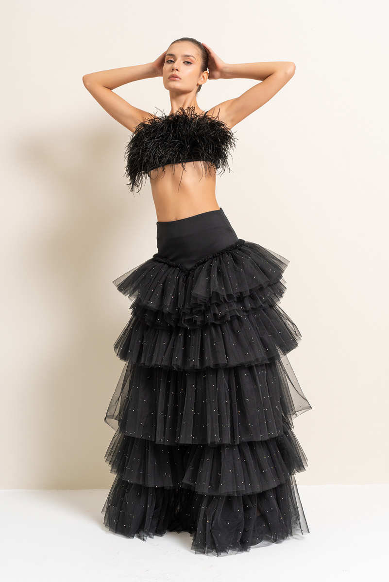 Black Embellished Tiered-Ruffle Maxi Mesh Skirt