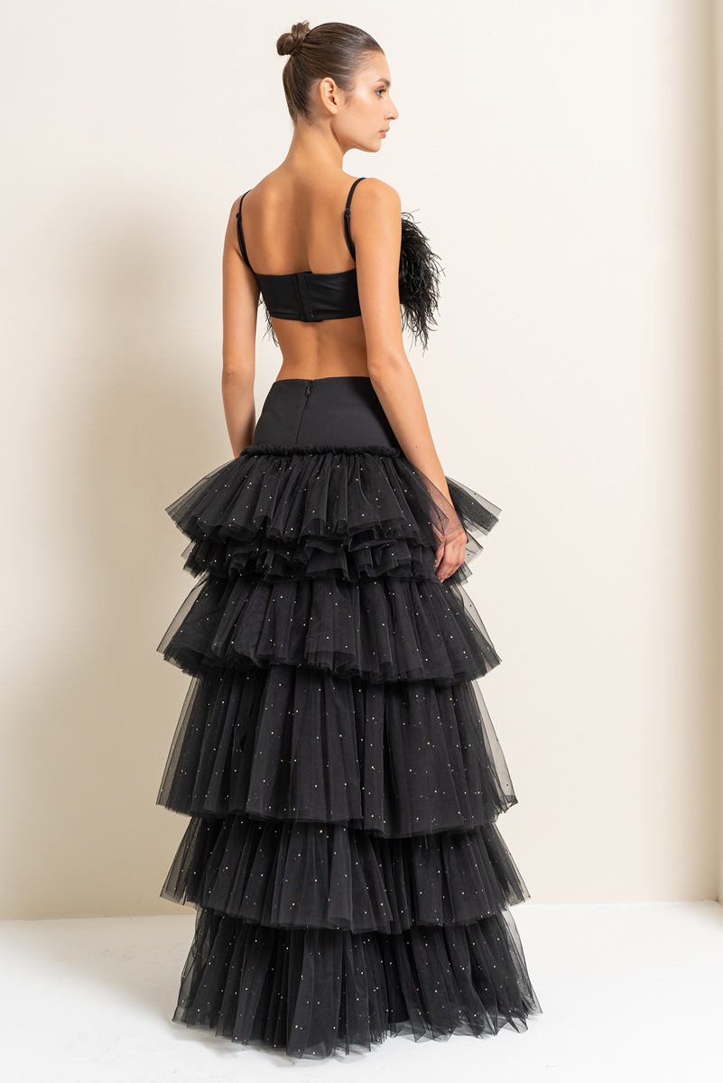 Black Embellished Tiered-Ruffle Maxi Mesh Skirt