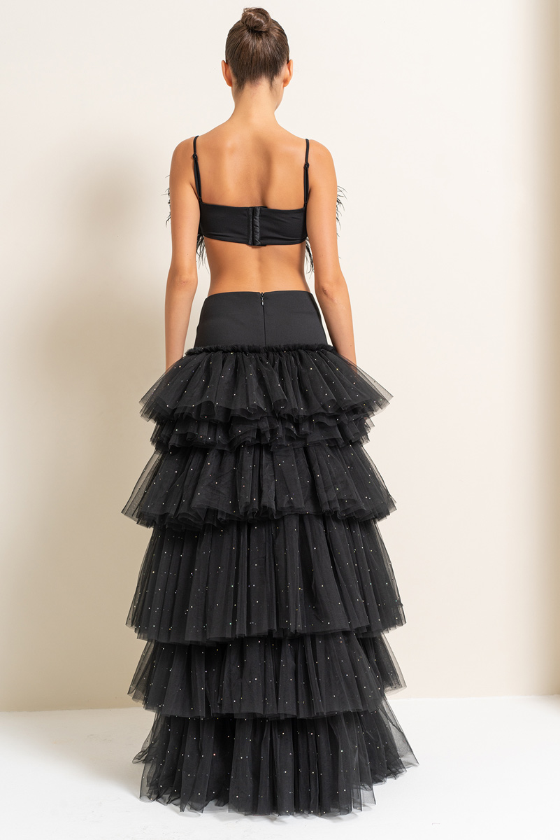 Black Embellished Tiered-Ruffle Maxi Mesh Skirt