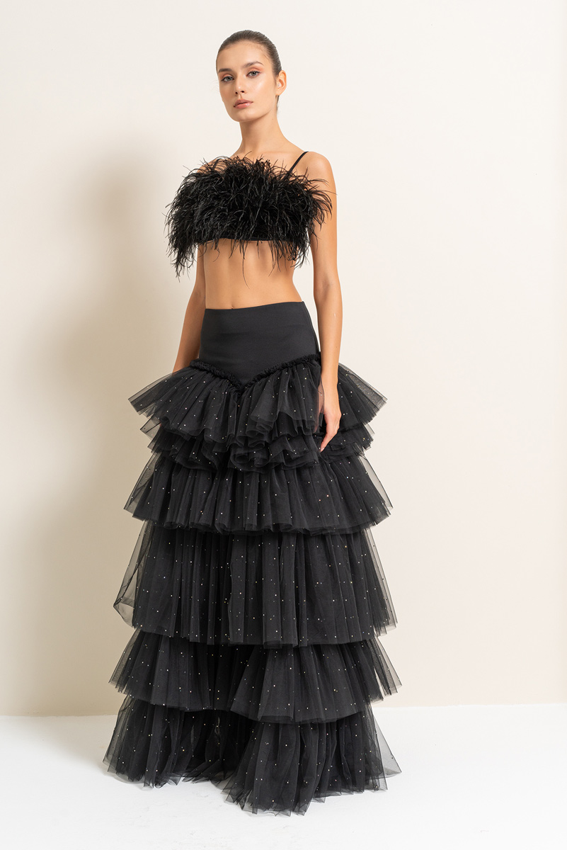 Black Embellished Tiered-Ruffle Maxi Mesh Skirt