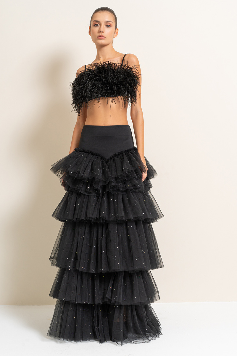 Black Embellished Tiered-Ruffle Maxi Mesh Skirt