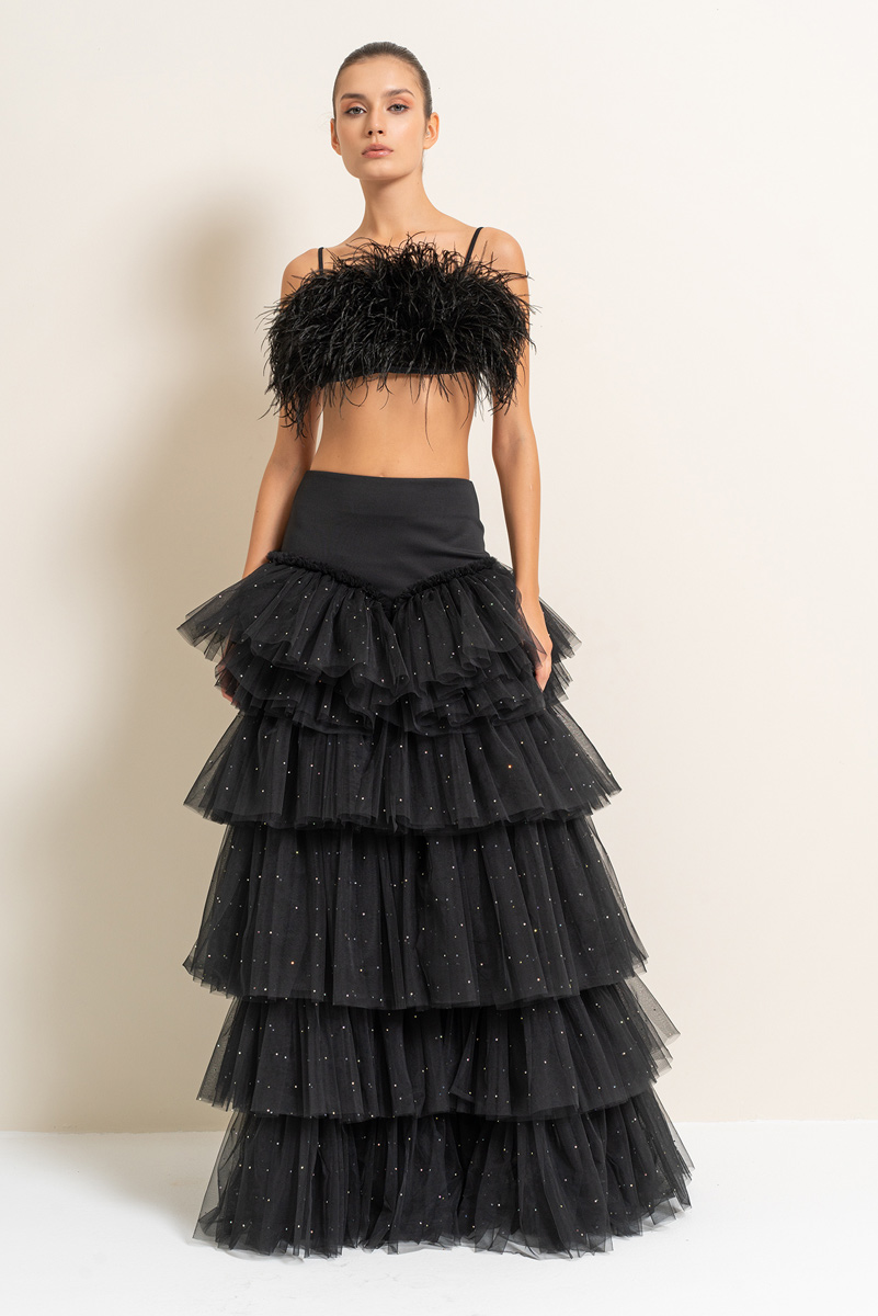 Black Embellished Tiered-Ruffle Maxi Mesh Skirt