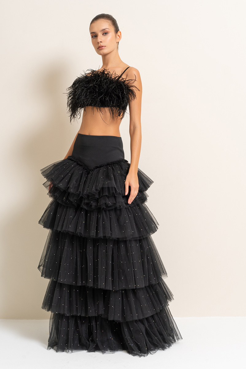 Black Embellished Tiered-Ruffle Maxi Mesh Skirt