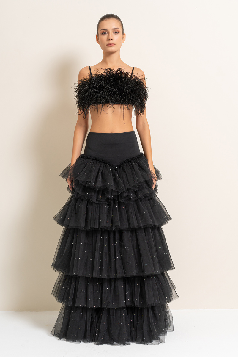 Black Embellished Tiered-Ruffle Maxi Mesh Skirt