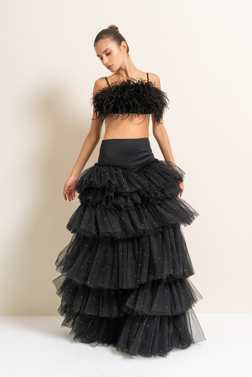 Black Embellished Tiered-Ruffle Maxi Mesh Skirt