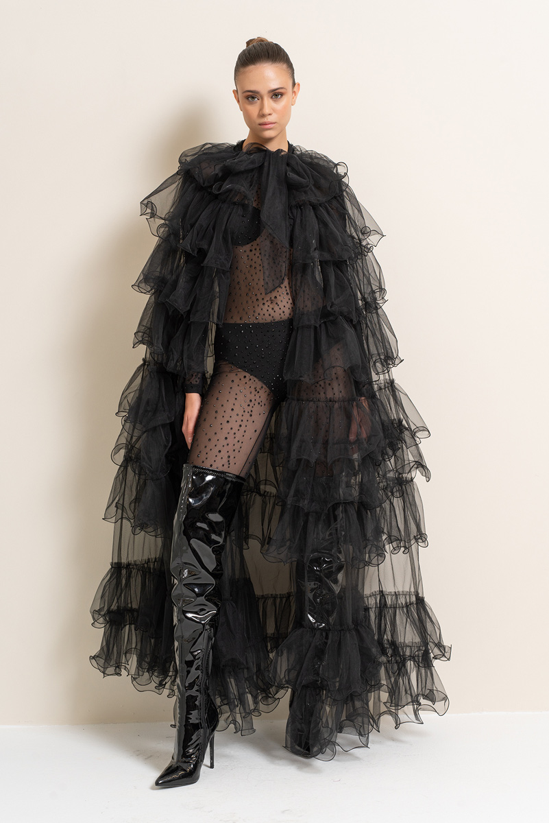 Black Tiered-Ruffle Tulle Cape