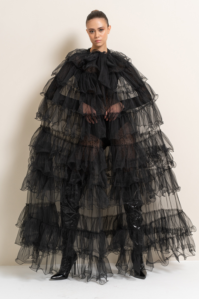 Black Tiered-Ruffle Tulle Cape