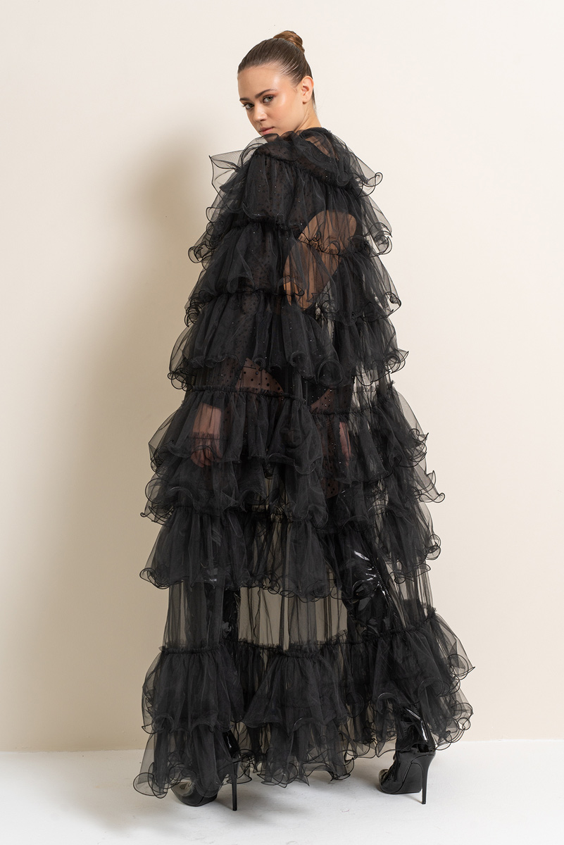 Wholesale Black Tiered-Ruffle Tulle Cape
