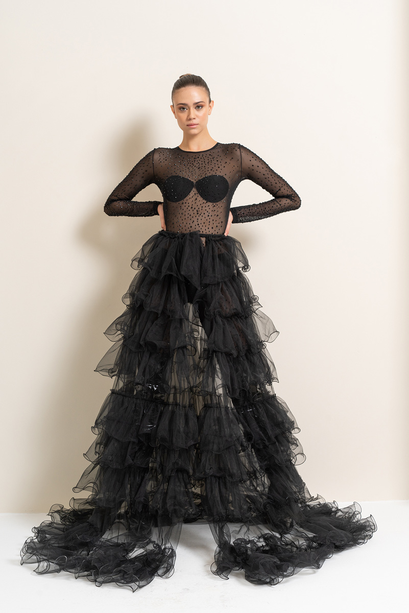 Wholesale Black Tiered-Ruffle Tulle Cape