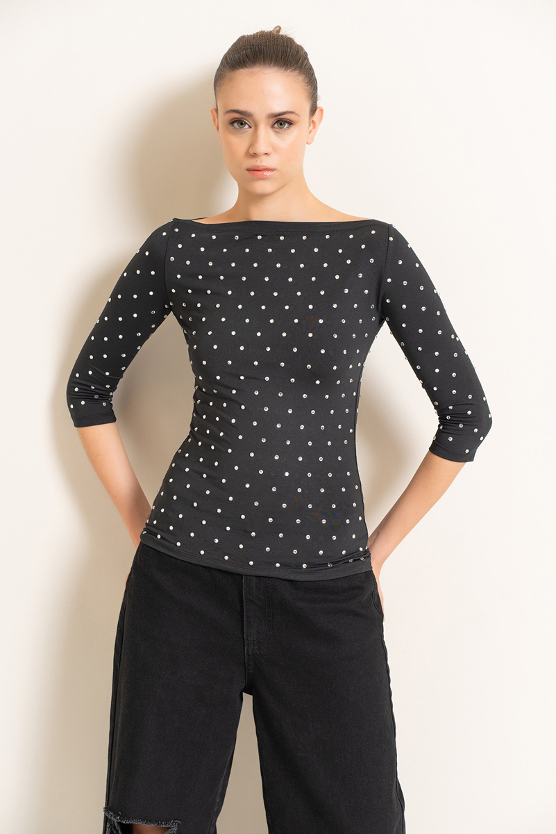 Wholesale Black Three-Quarter Sleeve Embellished Top