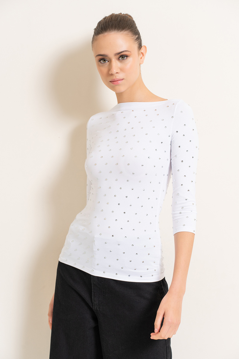 Wholesale White Three-Quarter Sleeve Embellished Top