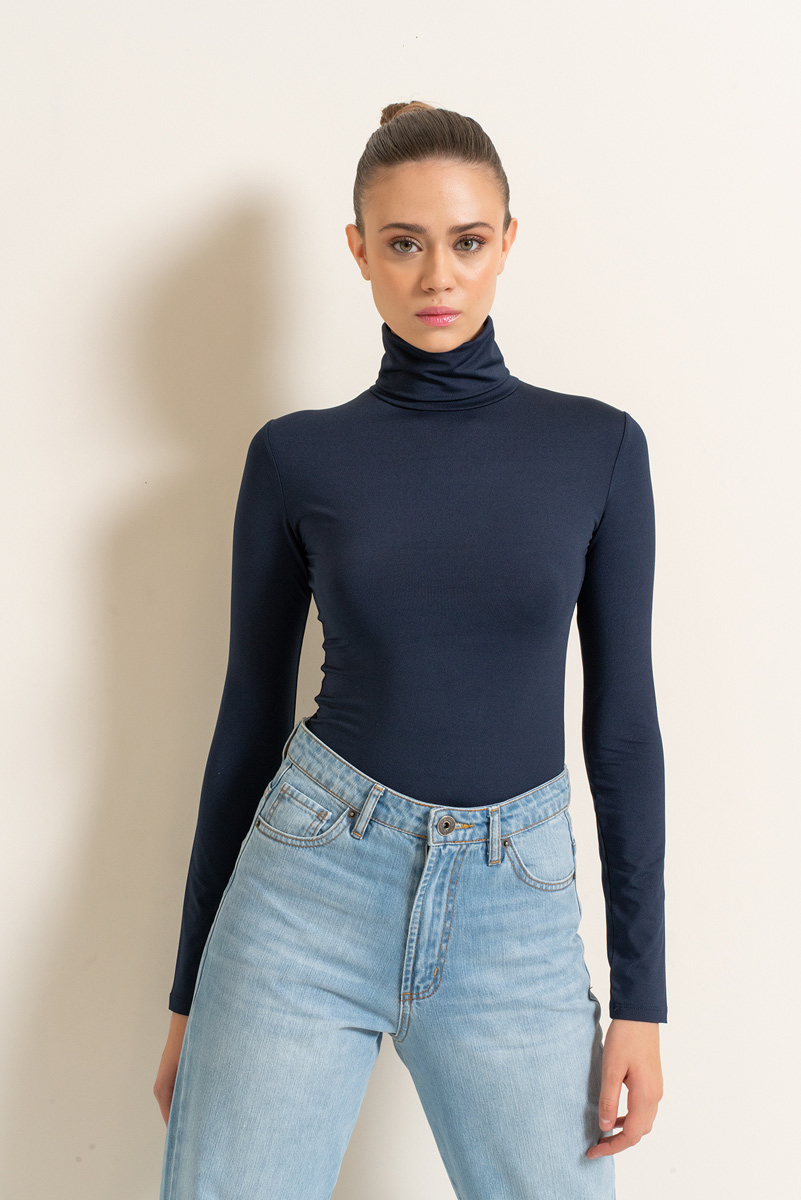 Slim Fit Long Sleeve Roll Neck Navy Top