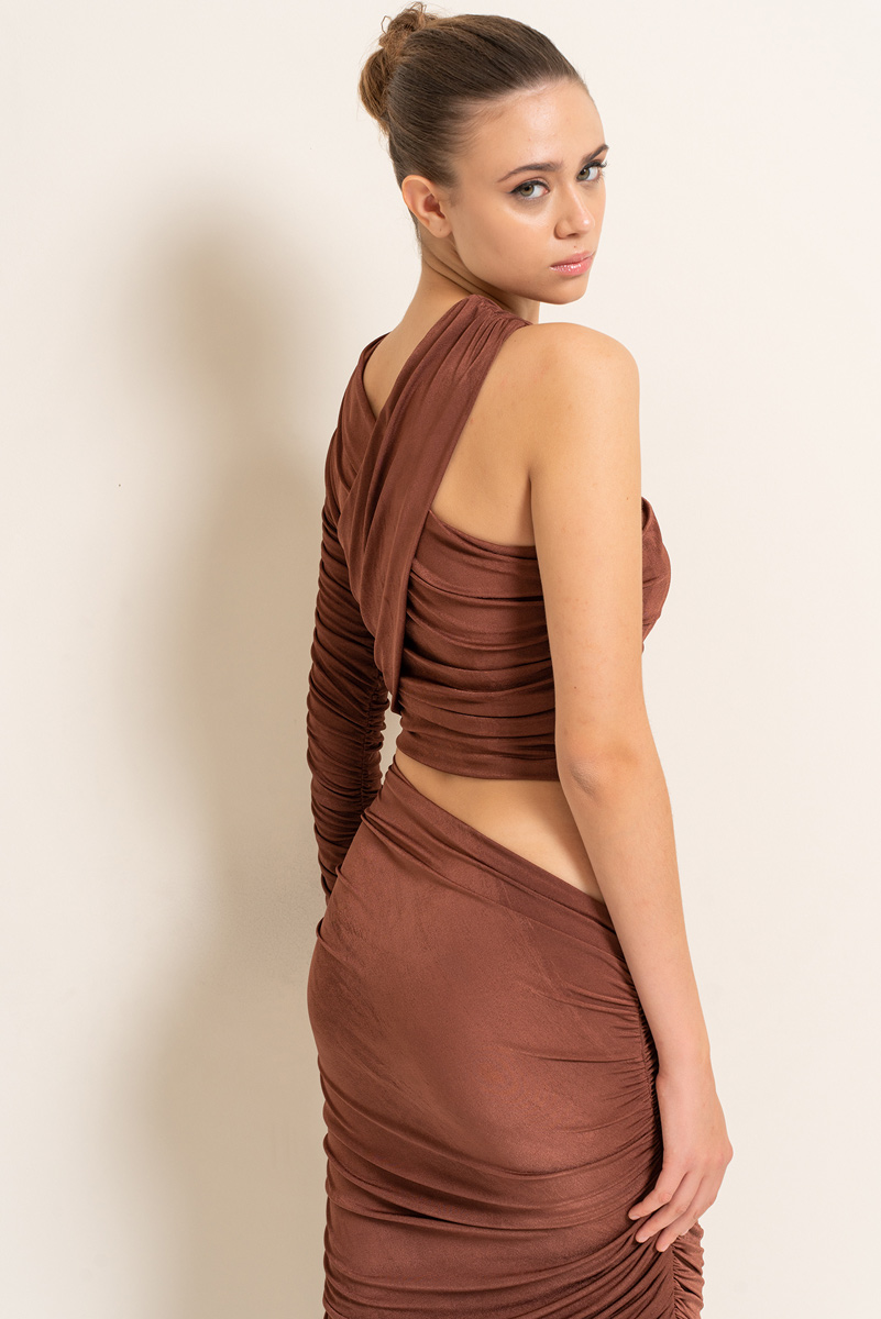Wholesale WALNUT Shirred Asymmetric Skirt