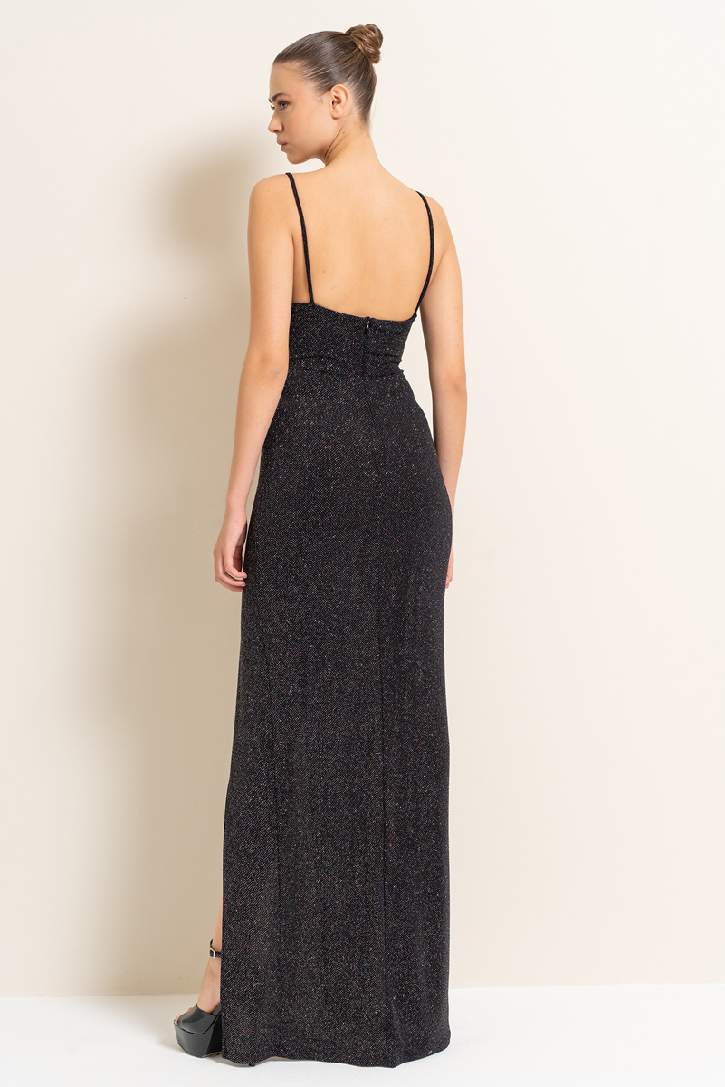 Wholesale Glittery Black-Silver Plunging Split-Let Maxi Dress
