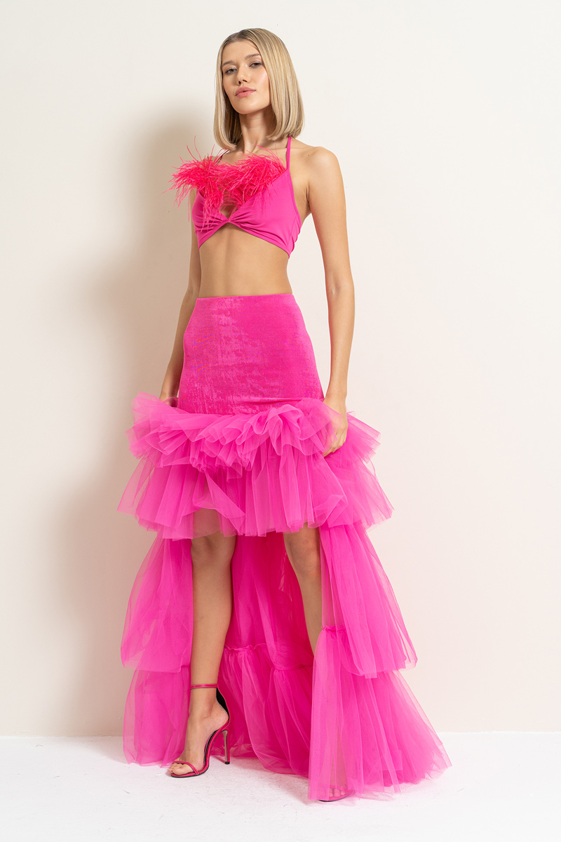 New Fuschia High-Low Tiered-Ruffle Tulle Skirt