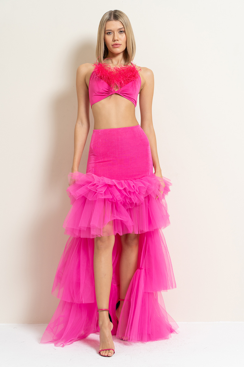 New Fuschia High-Low Tiered-Ruffle Tulle Skirt