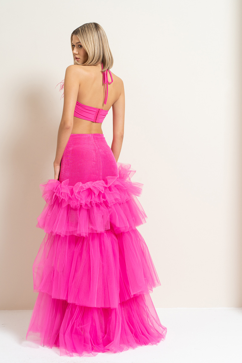 New Fuschia High-Low Tiered-Ruffle Tulle Skirt