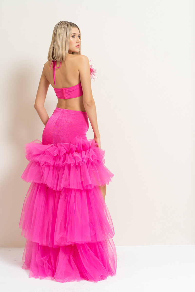 New Fuschia High-Low Tiered-Ruffle Tulle Skirt