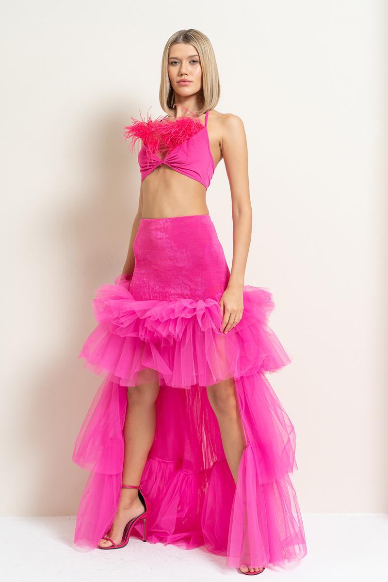New Fuschia High-Low Tiered-Ruffle Tulle Skirt