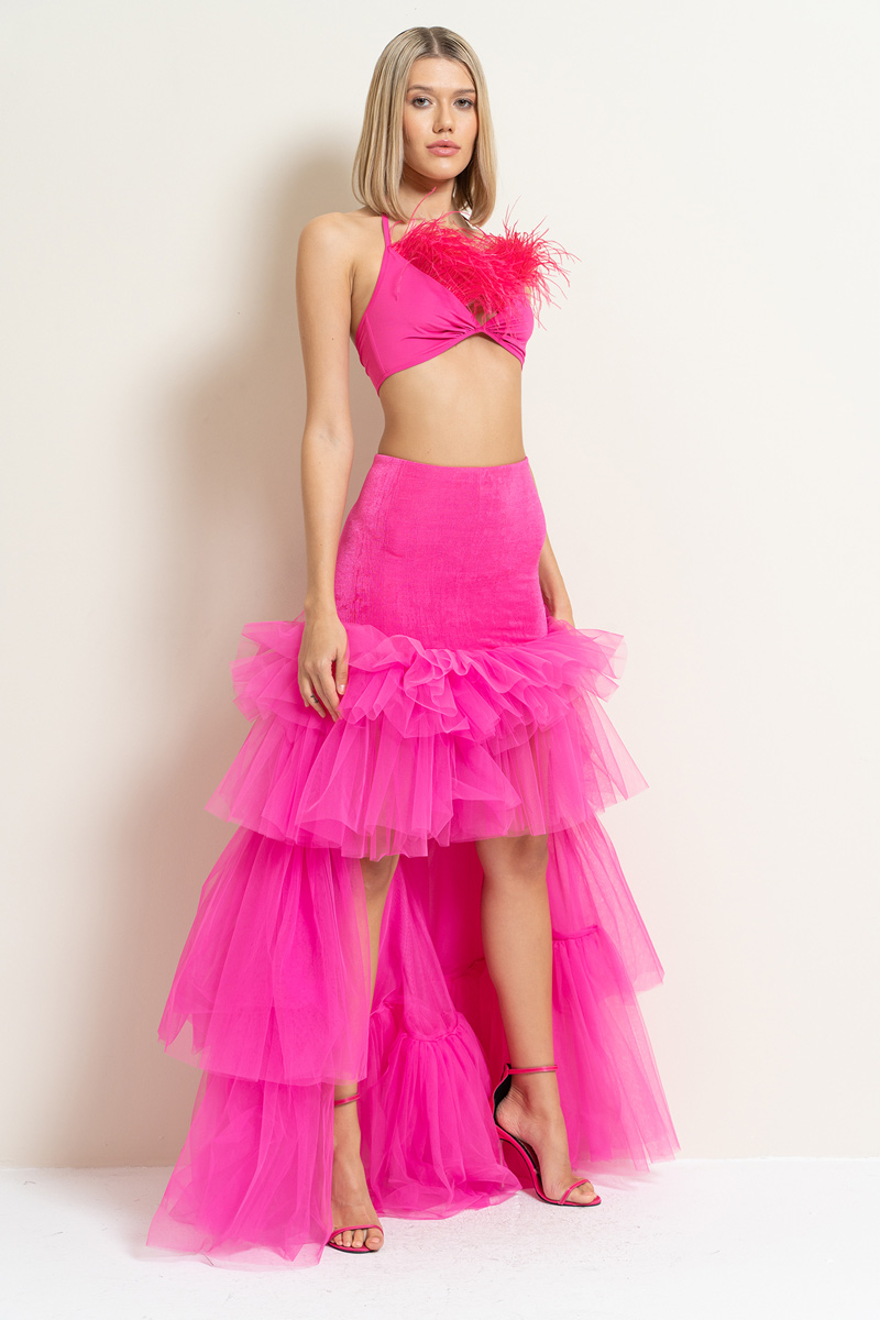 New Fuschia High-Low Tiered-Ruffle Tulle Skirt