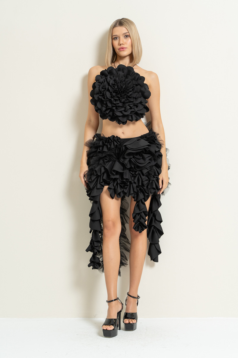 Wholesale Black Rose-Accent Ruffle Skirt