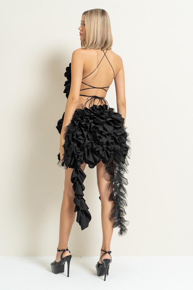 Black Rose-Accent Ruffle Skirt