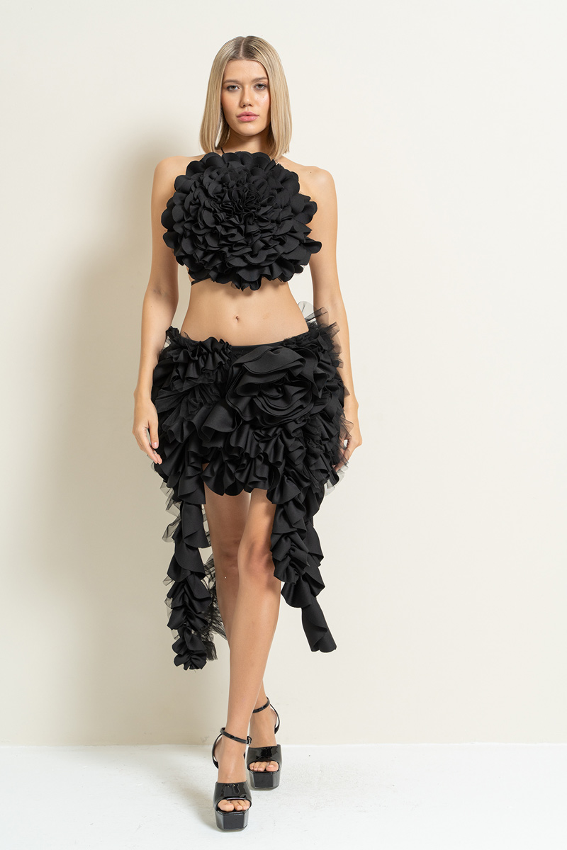 Wholesale Black Rose-Accent Ruffle Skirt