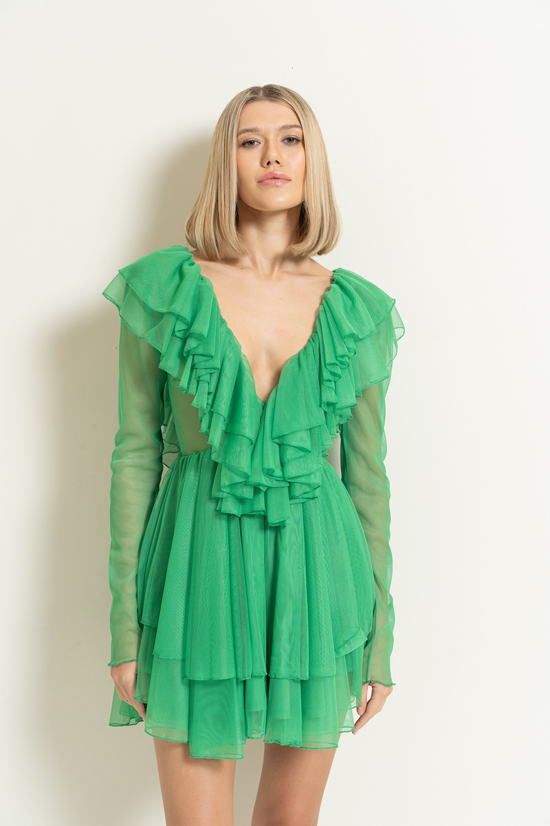 Wholesale V neck Ruffle Kelly Green Mini Tulle Dress