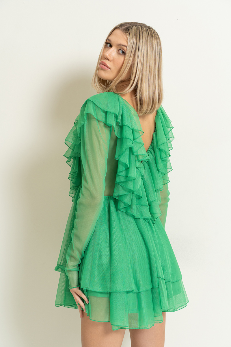Wholesale V neck Ruffle Kelly Green Mini Tulle Dress