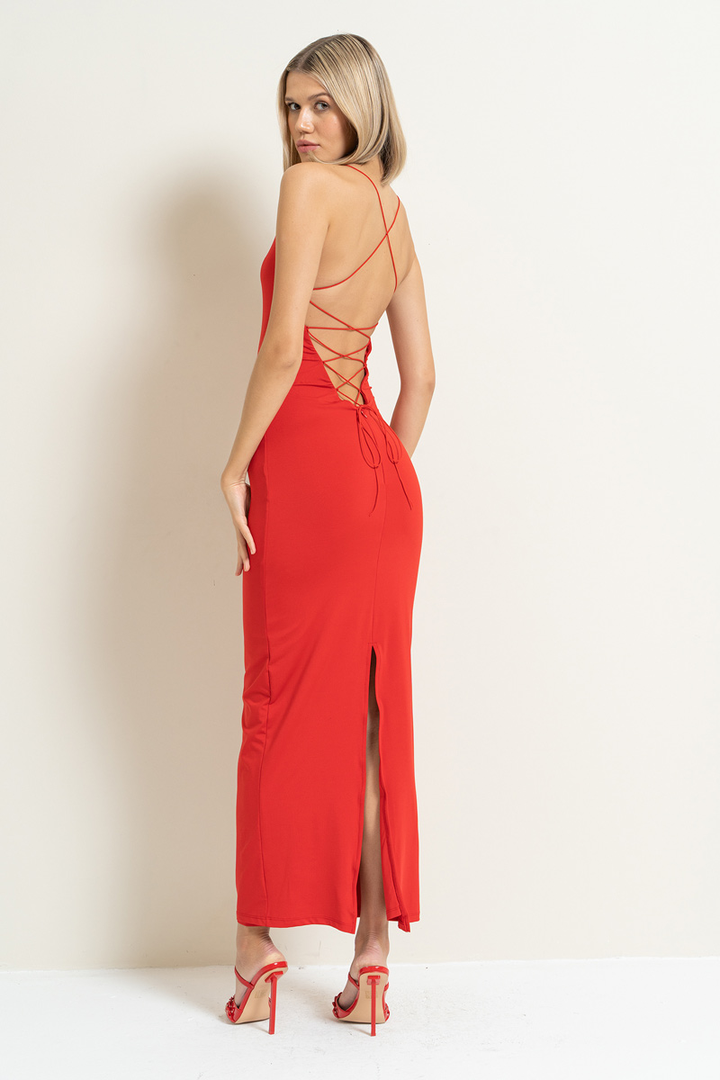 Toptan Kırmızı Sırtı Çapraz İpli Maxi Elbise